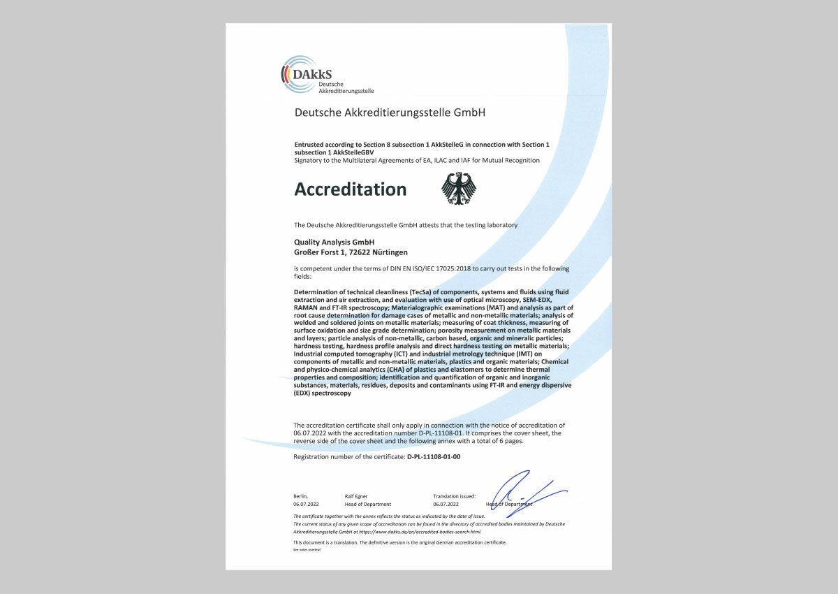 Accreditation certificate Quality Analysis with appendix