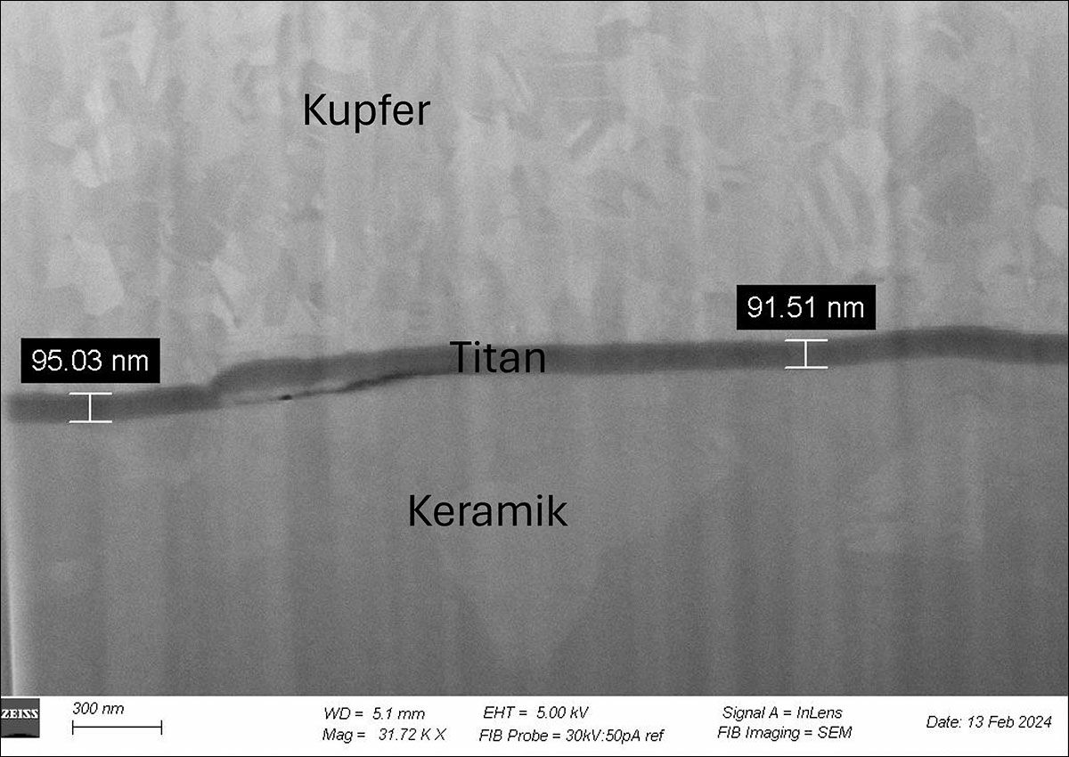 Kupfer- und Titanschicht auf Keramiksubstrat, angeschnitten im FIB-SEM
