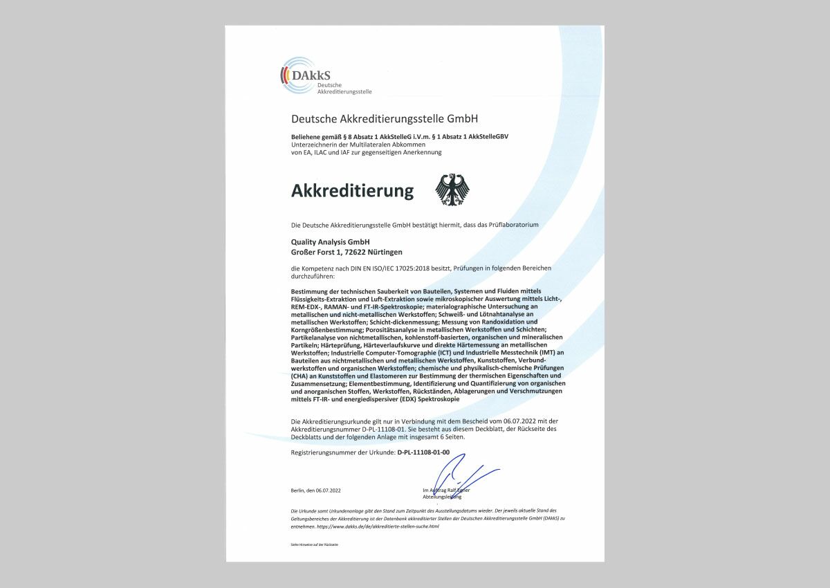 Akkreditierungsurkunde Quality Analysis
