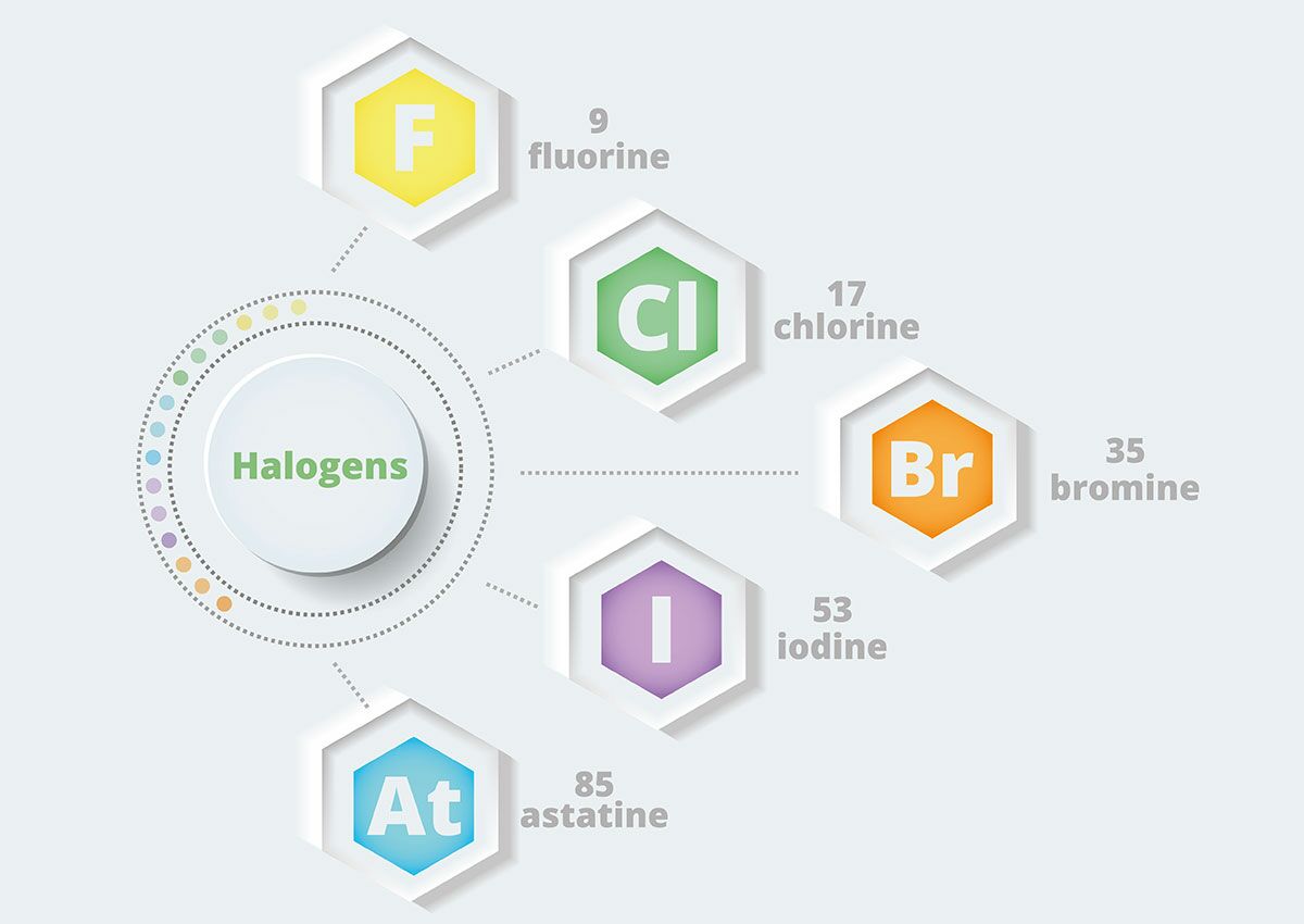 The halogens fluorine, chlorine, bromine, iodine and astatine in the periodic table