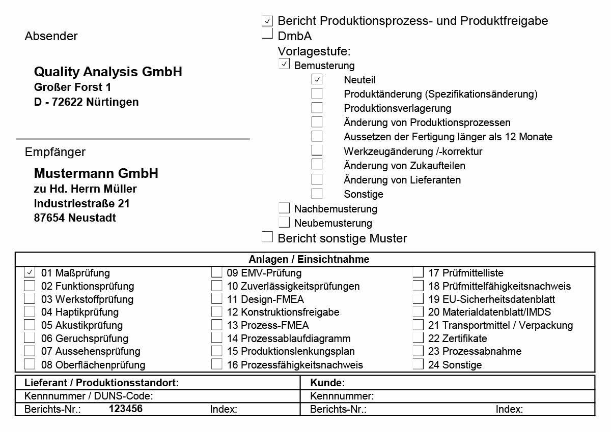Erstmusterprüfbericht (EMPB) als offizieller Nachweis, dass die Muster den vereinbarten Anforderungen entsprechen.