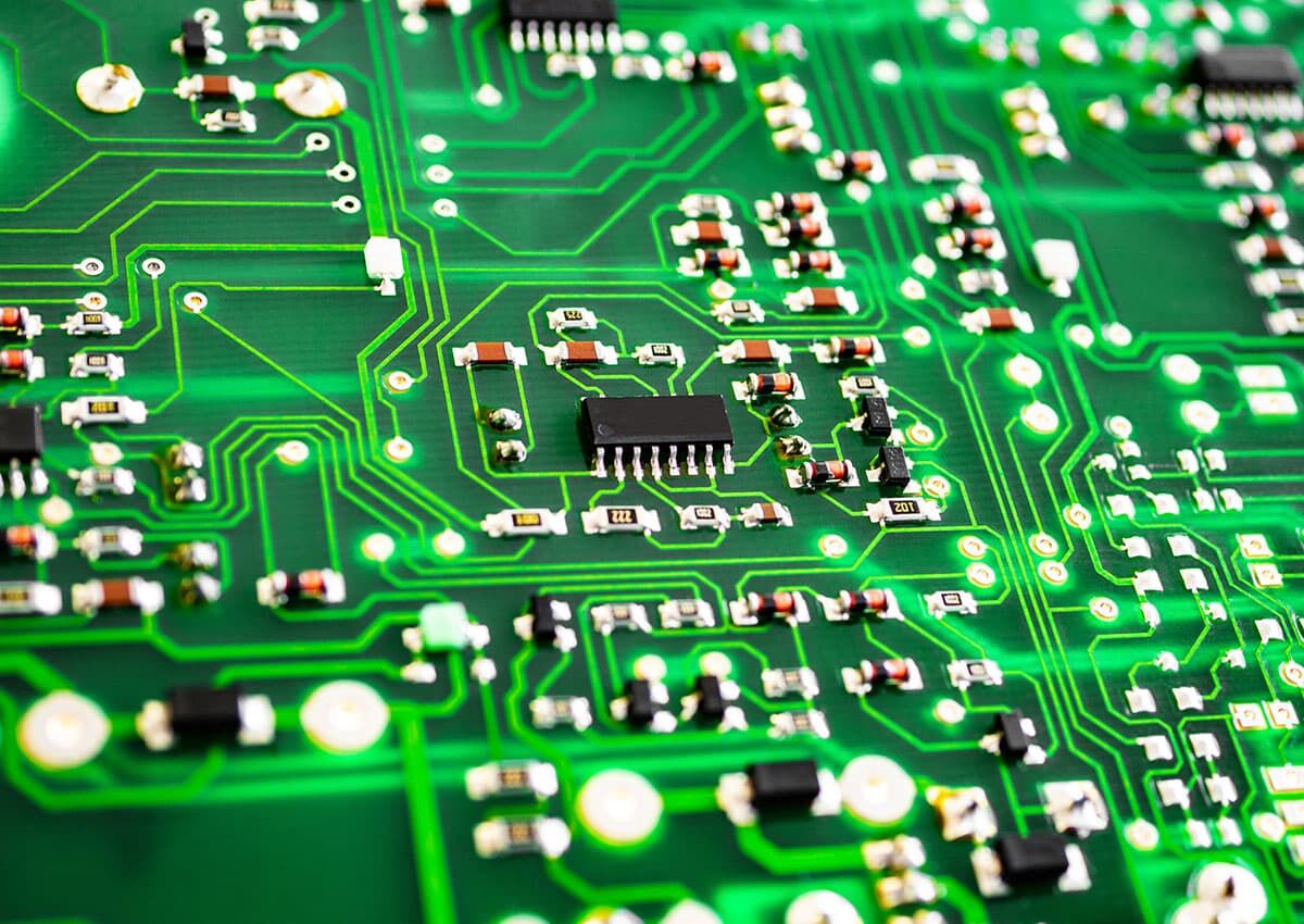 Solder joint inspection: Electronic circuit board with processor and many integrated electrical components