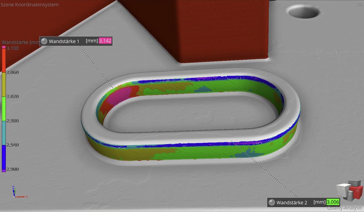 Colour-coded visualization in wall thickness measurement